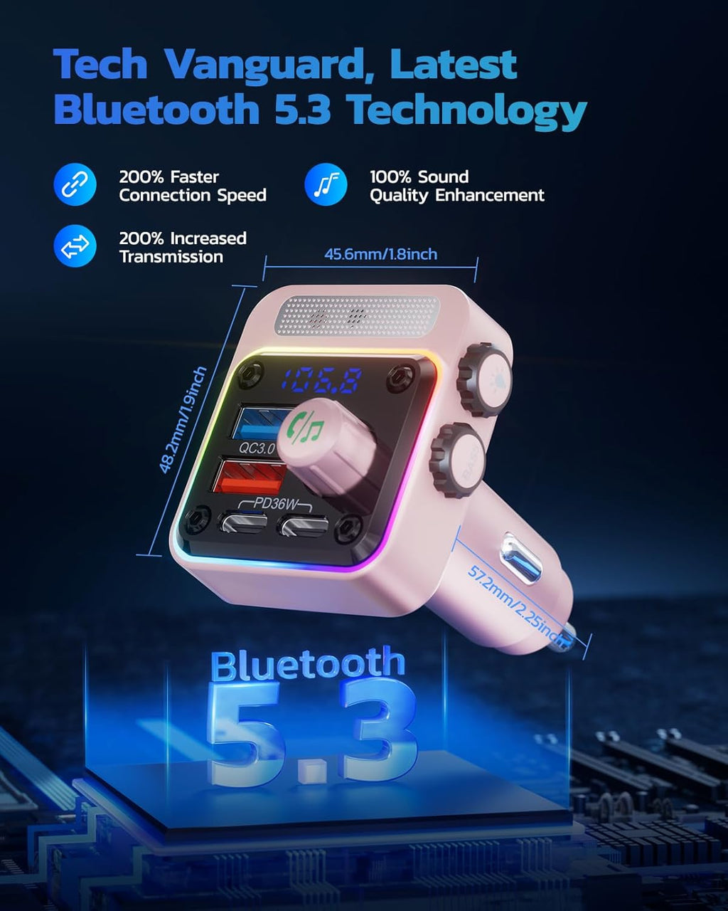 54W Bluetooth 5.3 Car Adapter, FM Transmitter 4-Port Fast Charging | Wireless FM Radio Music Player with Deep Bass, 5