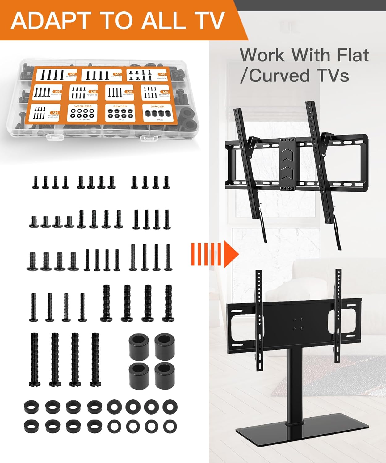 Universal TV Mounting Hardware Screw Kit Set with Box - M4 M5 M6 M8 Screws and Washers Spacers, Replacement Screws