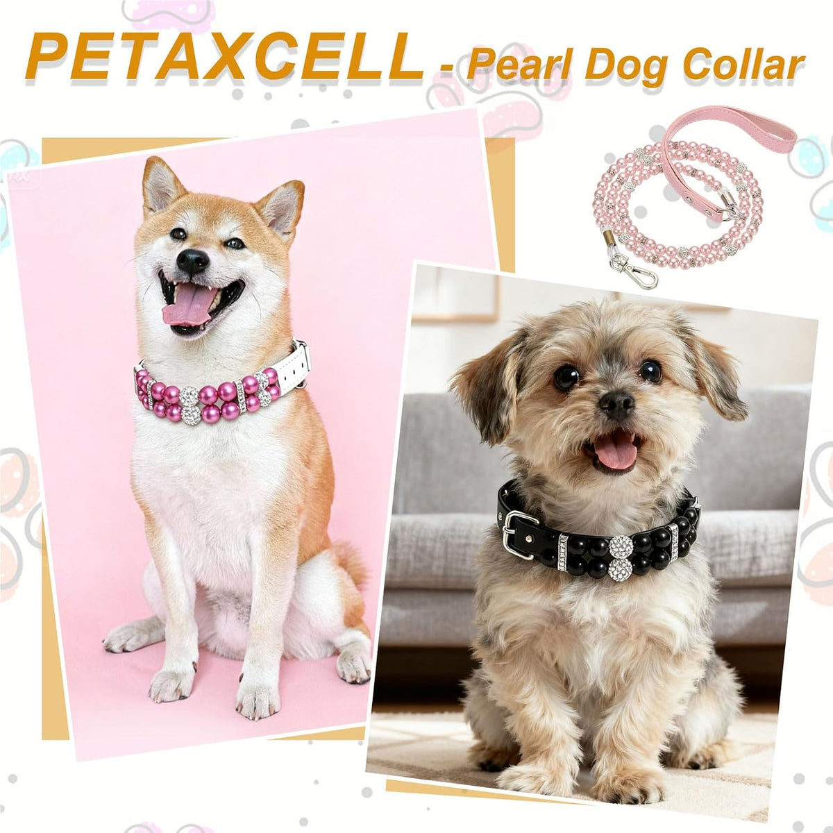 Pearl Dog Collar, Bling Pearl Cat Collar with Leash White, M