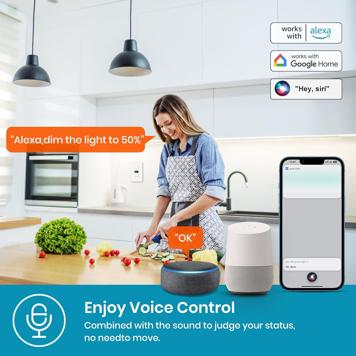 Smart Dimmer Switch 3Gang Digital Display Single-Pole 3Way Dimmer Smart Switch， 2024 New Model，Works with Siri, Alexa