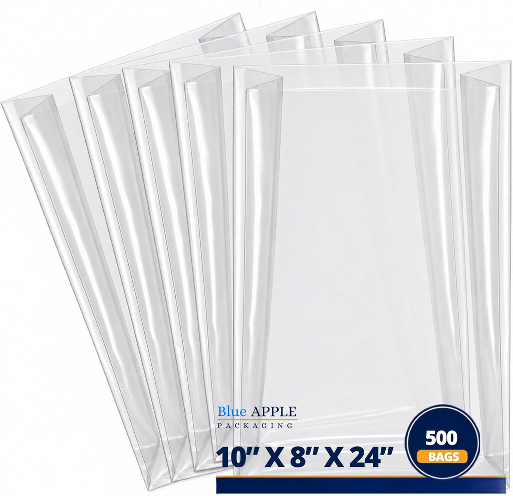 Clear Gusseted Bag 2 Mil, 10" X 8" X 24" & 500 Bags | LDPE Material, For Food Packaging, Storage & Display | Heat