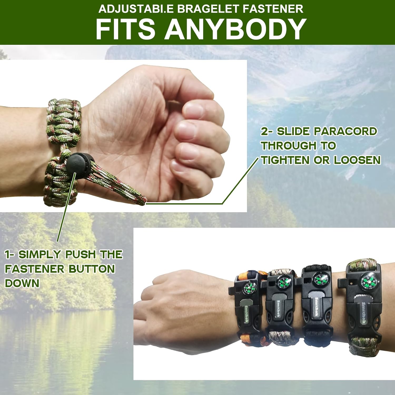 Paracord Survival Bracelet-Length Adjustable,Loud Whistle Emergency Compass Survival Fire Starter Scraper Accessories