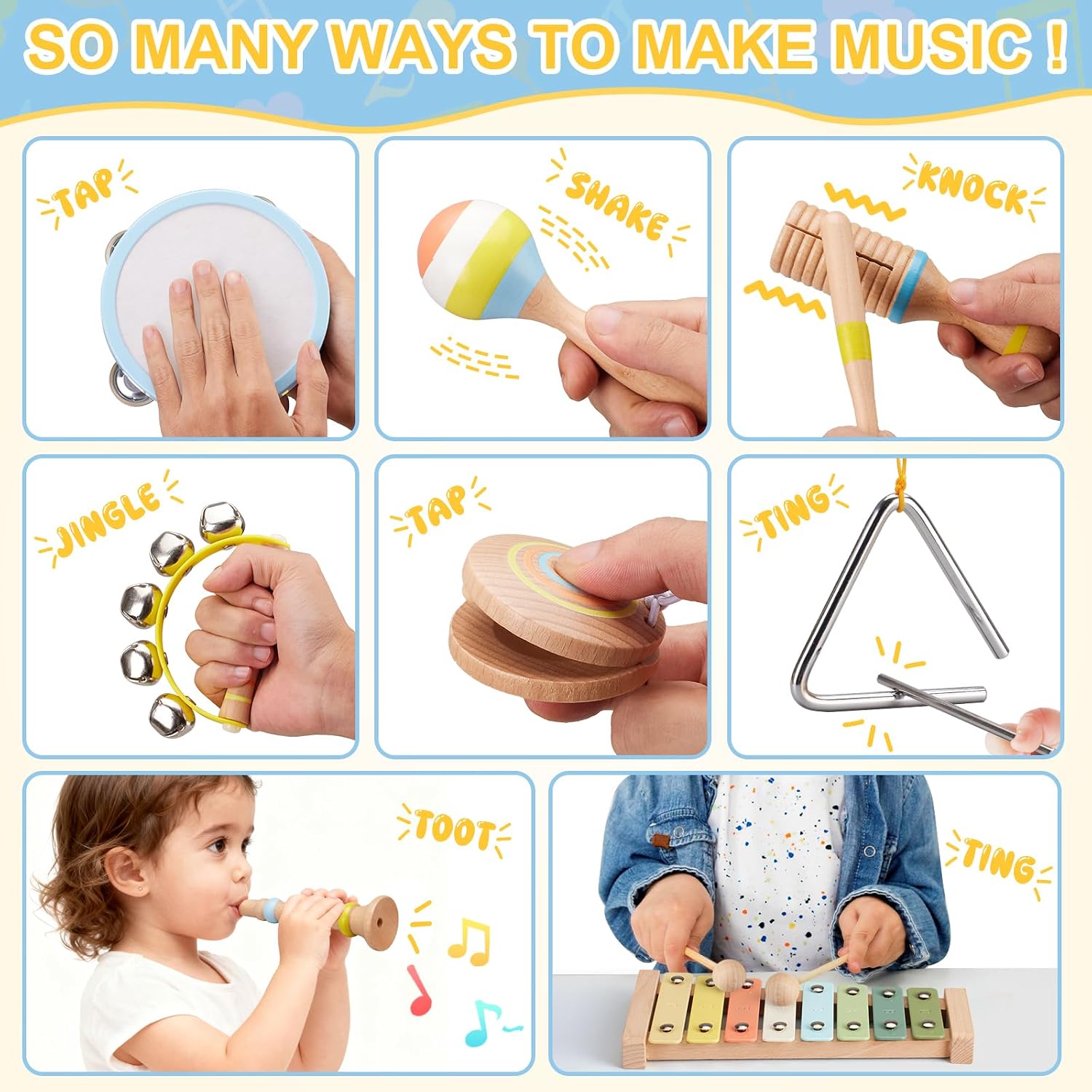 Baby Musical Instruments Set Montessori Wooden Music Toys for Toddlers 3 4 5 Neutral Color Percussion Music Kit with
