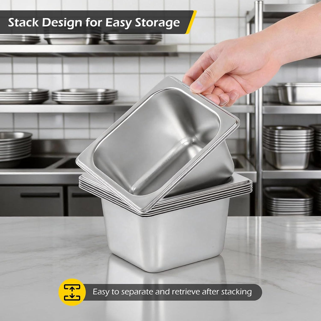 Hotel Pans with Lid 1/6 Size Pans 4 Inch Deep 6 Pack Food Pans