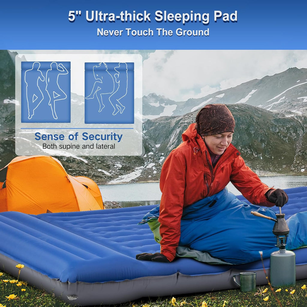 Double Sleeping Pad Camping, Self Inflating 6'' Extra-Thick 2 Person Pillow Built-in Foot Pump Waterproof Inflatable