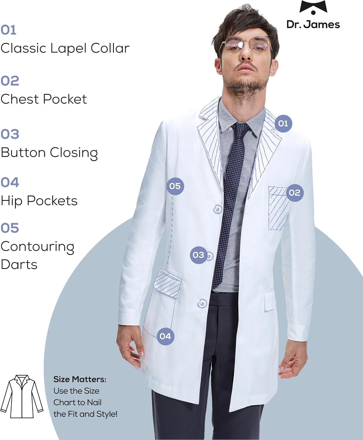 Men’s Lab Coat – White Medical Coat, Slim Tailored Fit, Consultation Length 36”, OEKO-TEX Certified
