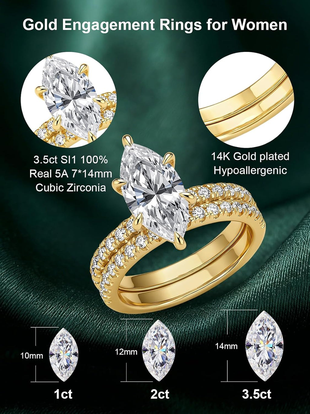 3.5CT Marquise Cut Engagement Ring Set for Women, 5A Cubic Zirconia Promise Wedding Band with 6 Prongs, 14K