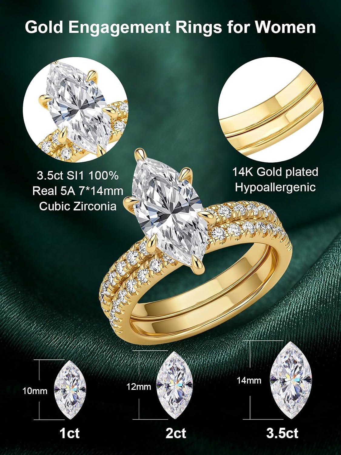 3.5CT Marquise Cut Engagement Ring Set for Women, 5A Cubic Zirconia Promise Wedding Band with 6 Prongs, 14K
