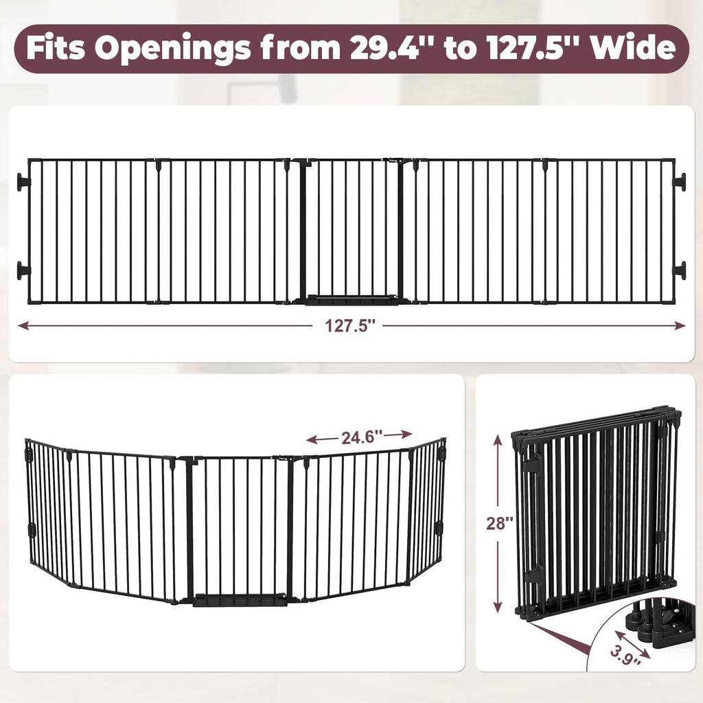 127.5" Extra Wide Baby Gate for Fireplace Christmas Tree, Configurable 5 Metal Panels Baby Fence, Child Gate for Wide
