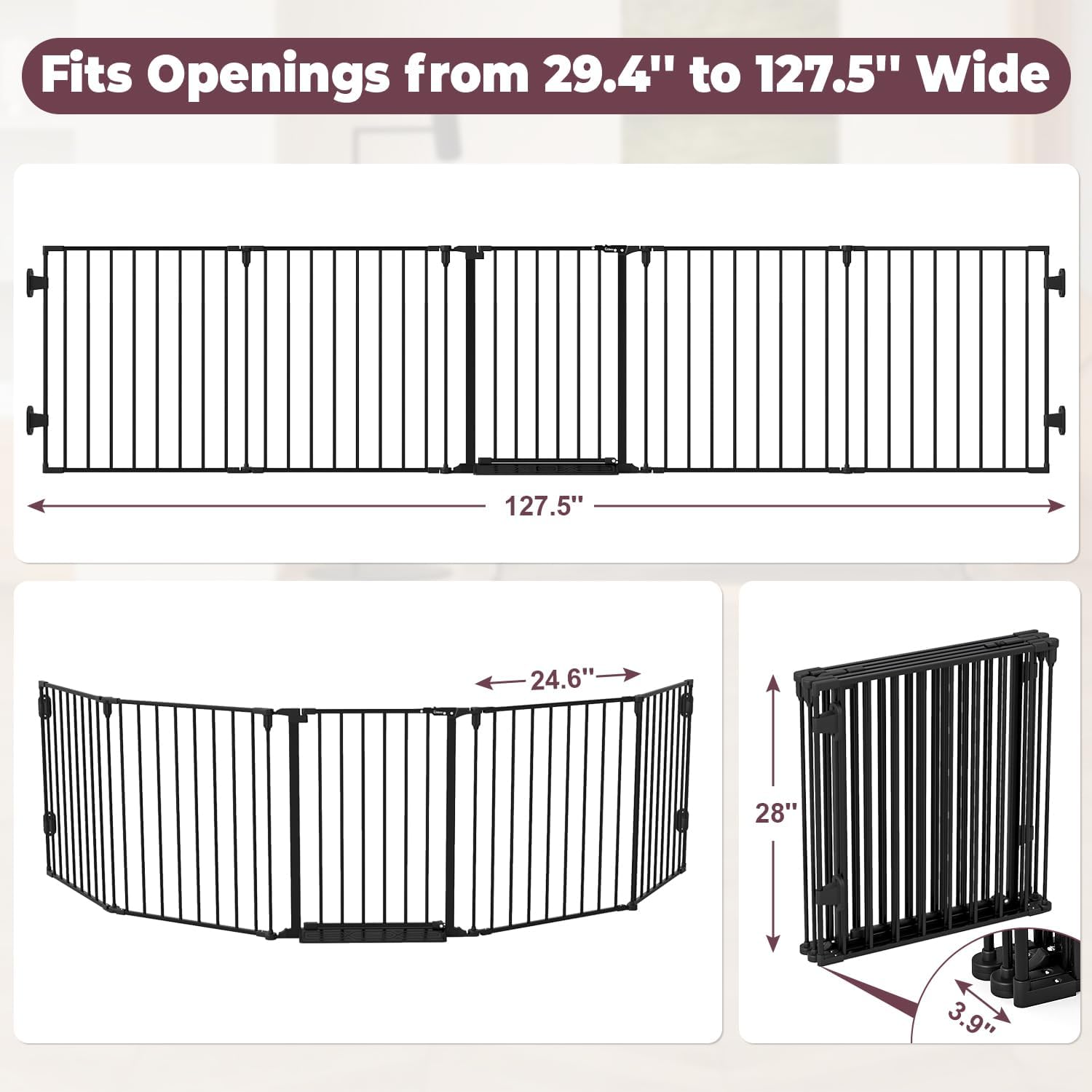 127.5" Extra Wide Baby Gate for Fireplace Christmas Tree, Configurable 5 Metal Panels Baby Fence, Child Gate for Wide