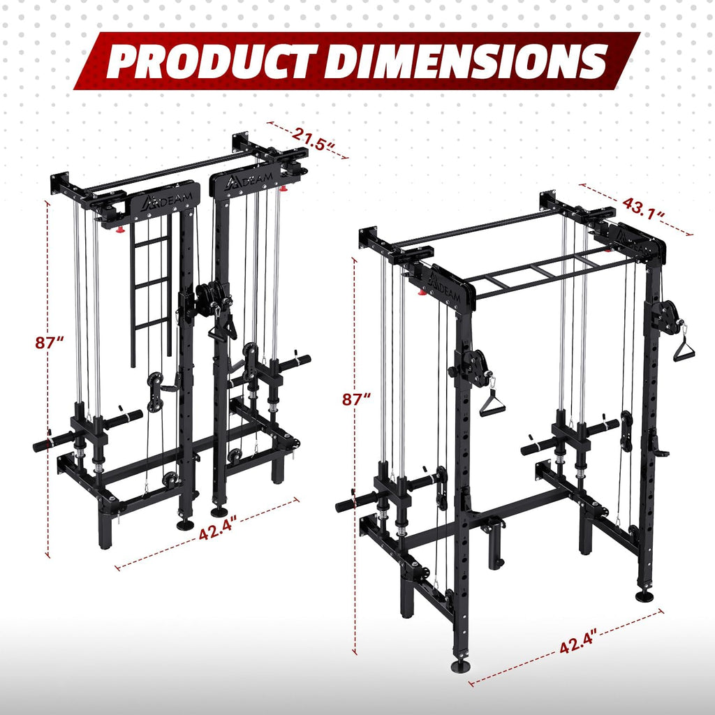 Folding Squat Rack, Wall Mounted Power Rack with Dual Pulley System | Space Saving, All-in-one Trainer, with Cable