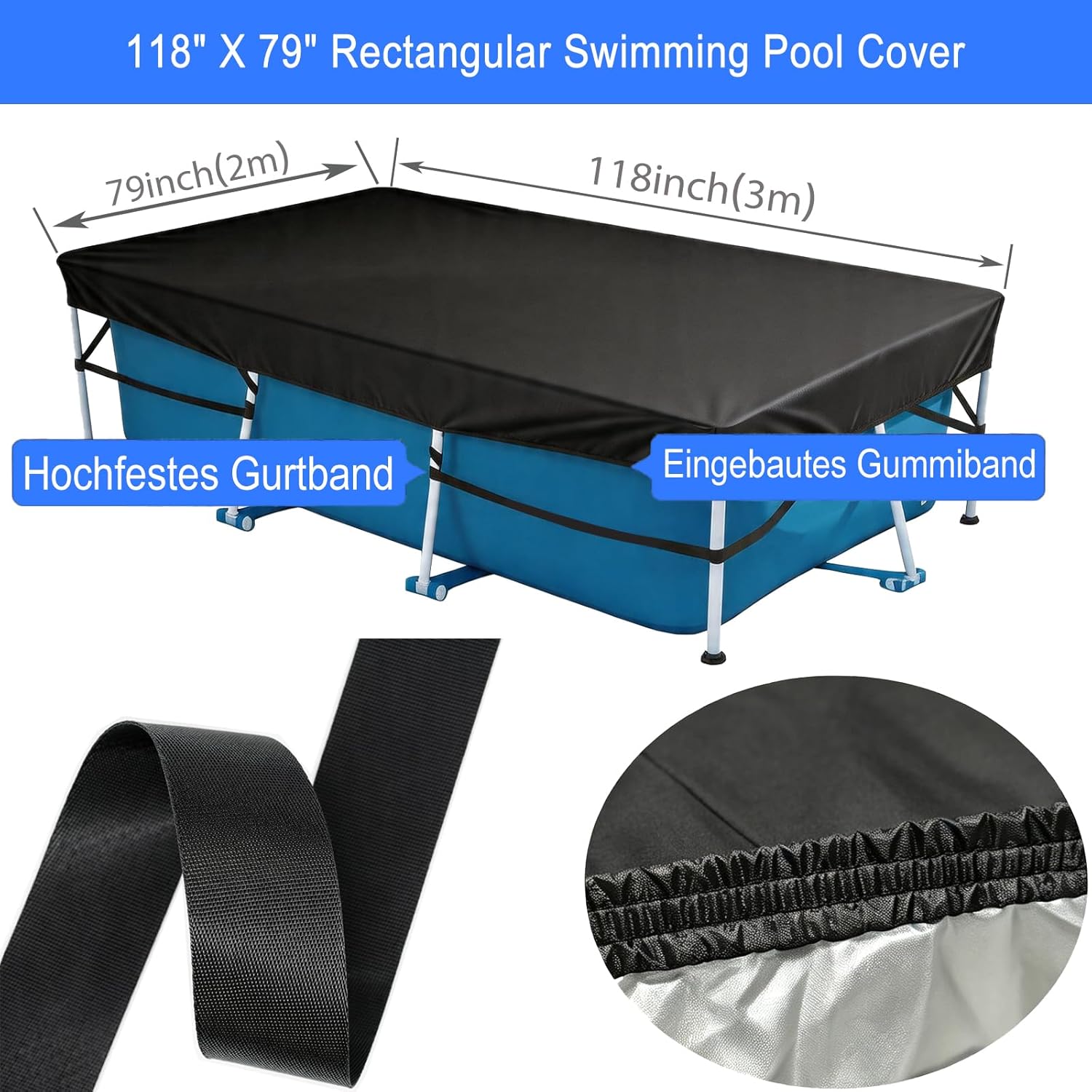 118in x 79in Rectangle Pool Cover for Above Ground Pool, Heavy-Duty Waterproof Dustproof Solar Cover, Made of 210D