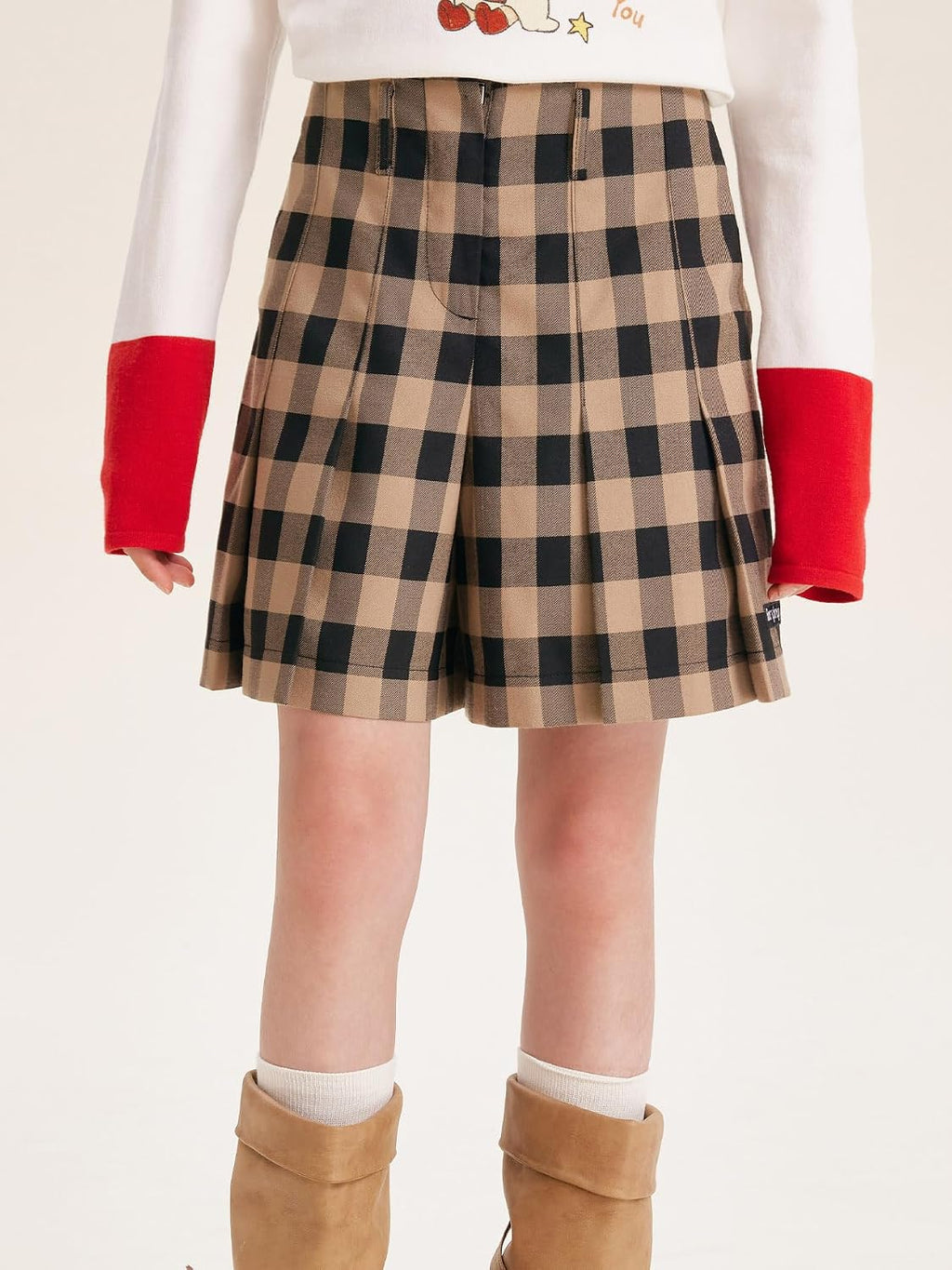 Girls Plaid Pleated Skort Khaki Black Checkered School Uniform Skirt Casual A-Line Skort for Girls 6-16Y