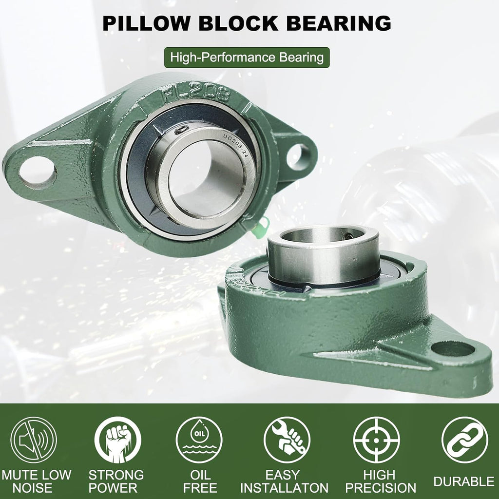 2 Pack UCFL208-24 Pillow Block Bearing – Flange 2 Bolt Mounted Pillow Block Bearings – Bearing Steel Bearings with 1-1/2" Bore - Self-aligning Bearings with Solid Cast Iron Base