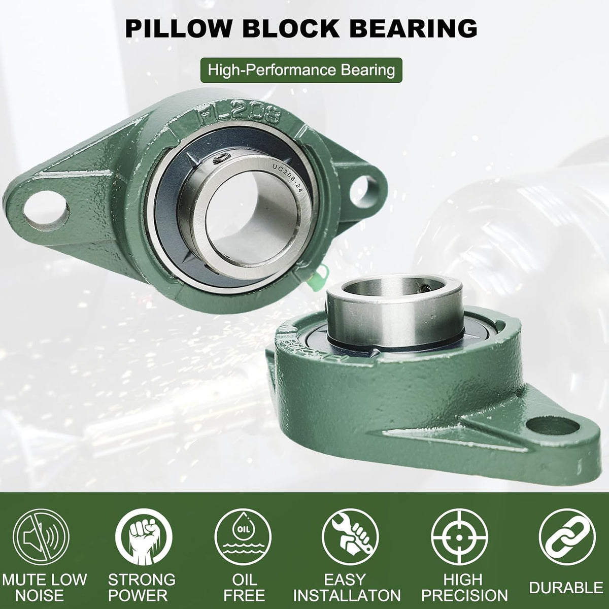 2 Pack UCFL208-24 Pillow Block Bearing – Flange 2 Bolt Mounted Pillow Block Bearings – Bearing Steel Bearings with 1-1/2" Bore - Self-aligning Bearings with Solid Cast Iron Base