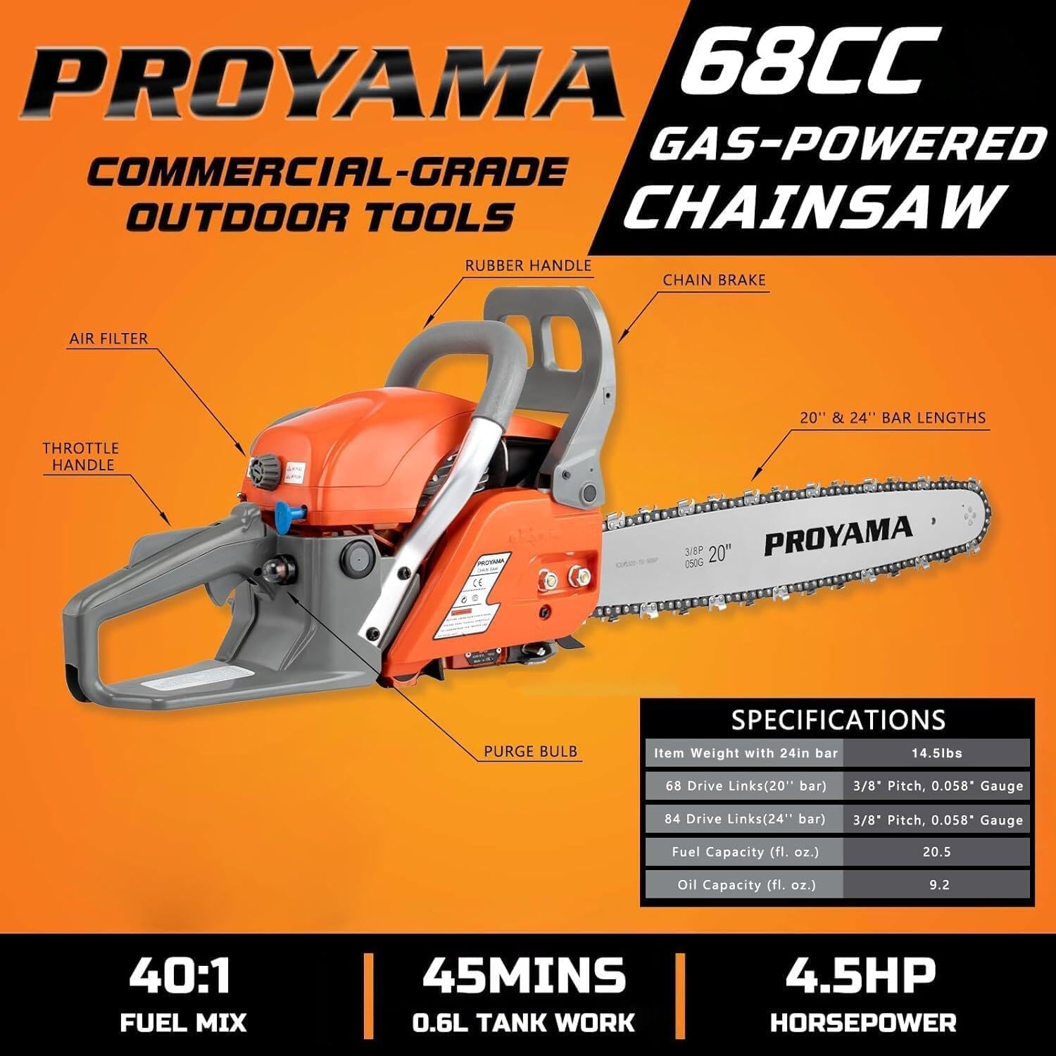68CC Gas Powered Chainsaw, 24 Inch 20 Inch Top Handle Chain Saw | 4.5HP 2-Cycle Handheld Cordless Easy Start