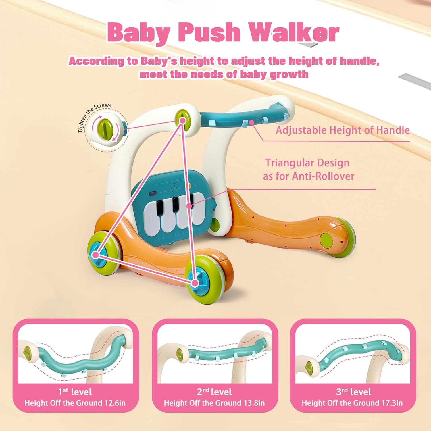 3 in 1 Baby Activity Gym Center, Tummy Time Play Mat Gym, Baby Push Walker, Kick and Play Piano with Music and Light
