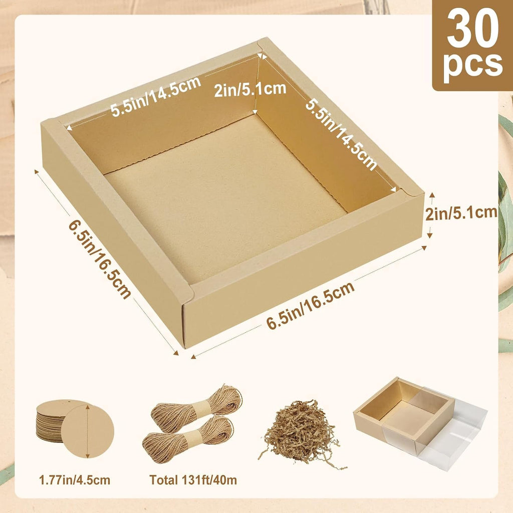 30 Kraft Gift Boxes, 5.5x5.5x2 in with Raffia Blank Tags Jute String