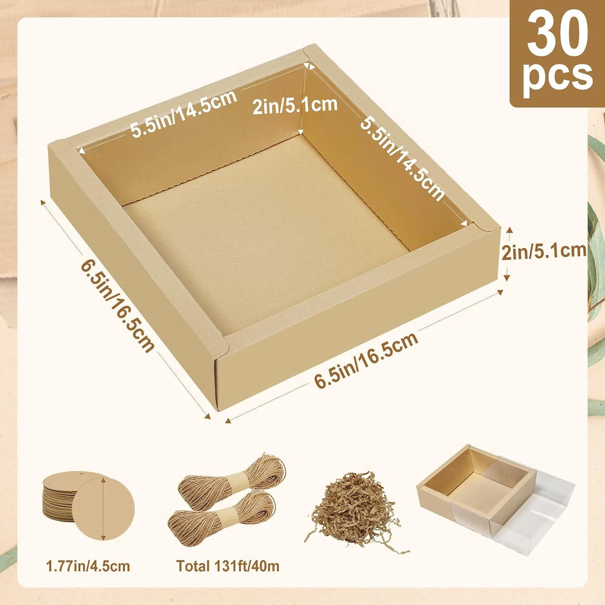 30 Kraft Gift Boxes, 5.5x5.5x2 in with Raffia Blank Tags Jute String