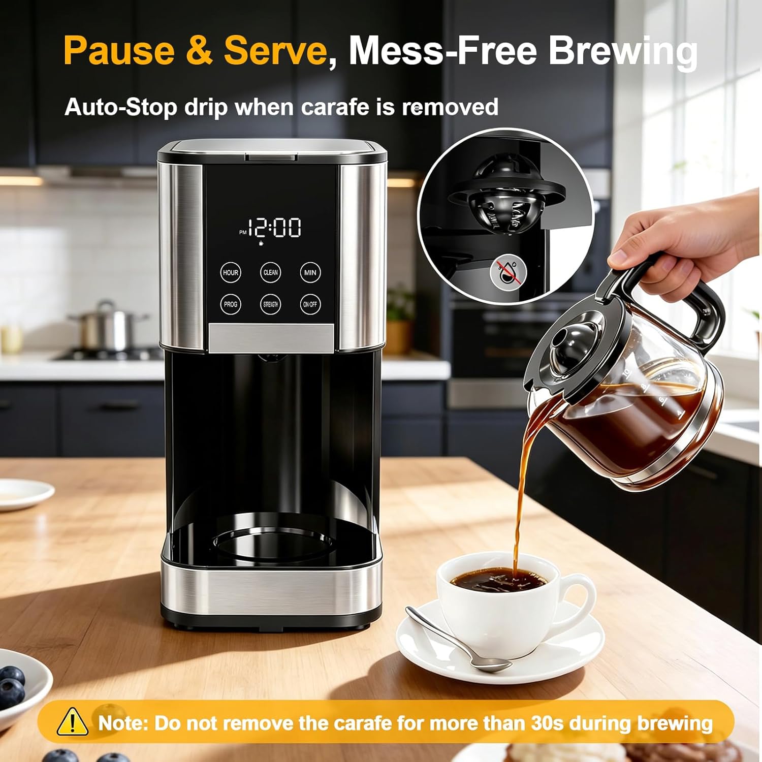 10 Cup Programmable Drip Coffee Maker, Adjustable Brew Strength, Pause & Serve, Heat Resistant Glass Carafe