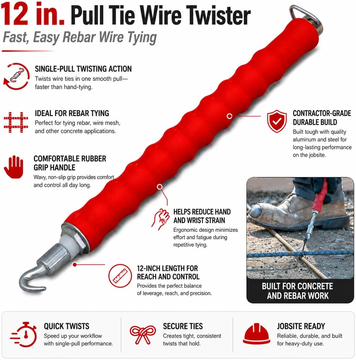 QLT Pull Tie Wire Twister, 12 Inch, Concrete Rebar Tie Tool | Twists Bar Ties in One Pull, Rubber Grip Handle, Rebar