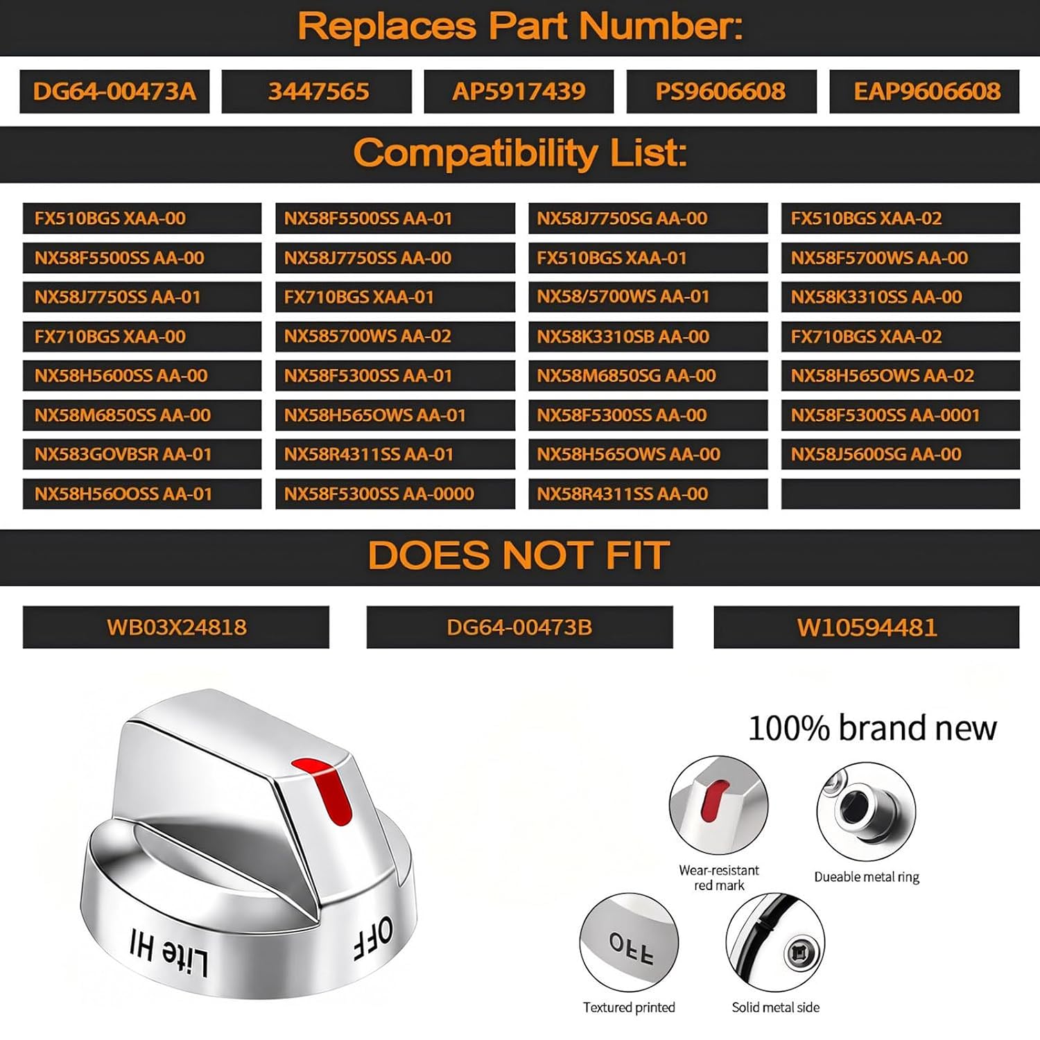 Upgraded DG64-00473A Stainless Steel Reinforced Stove Knob Replacement for Samsung Gas Stove - Anti-Crack Metal