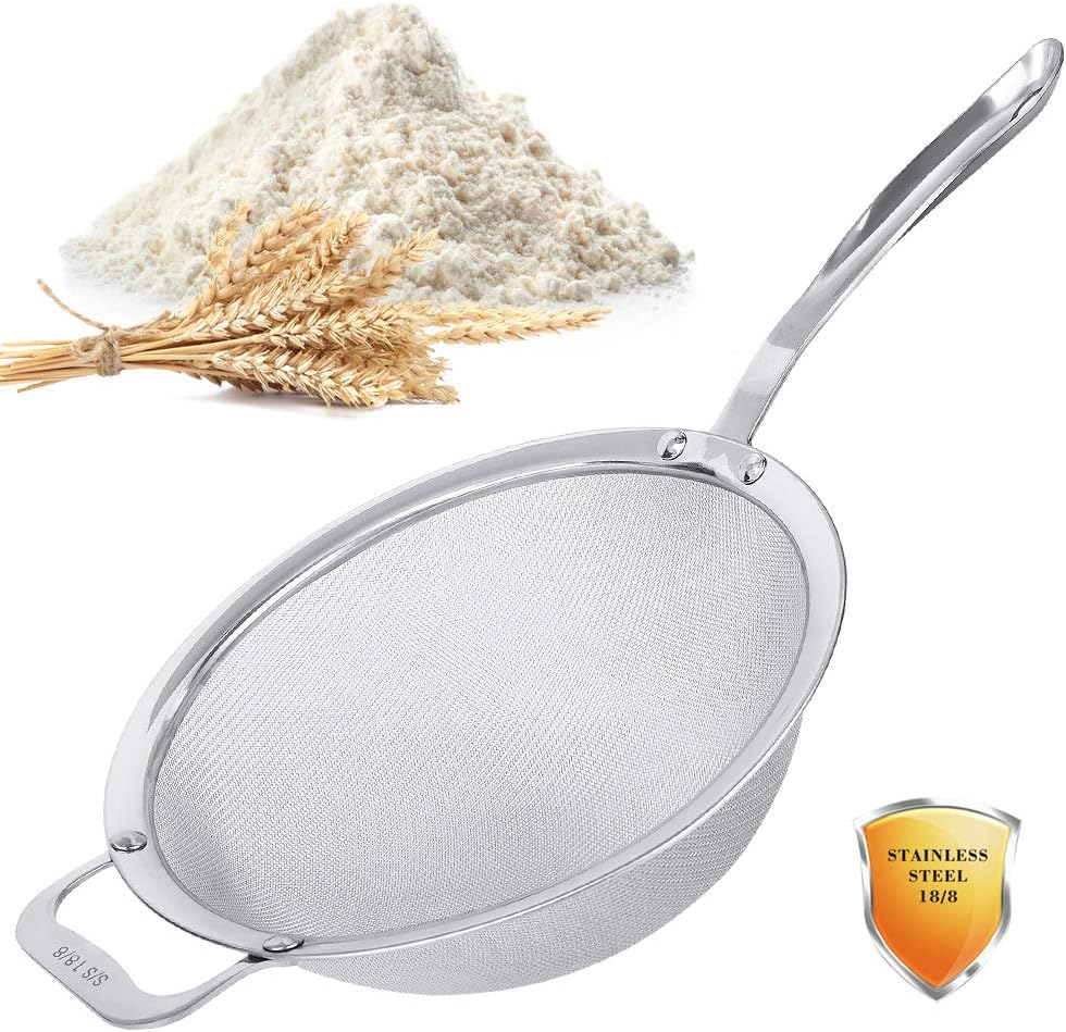 9" Large Fine Mesh Strainer, Stainless Steel 18/8 Extra Fine Mesh Quinoa Sieve, with Solid Sturdy Handle, Flour Filter with Wider Hook