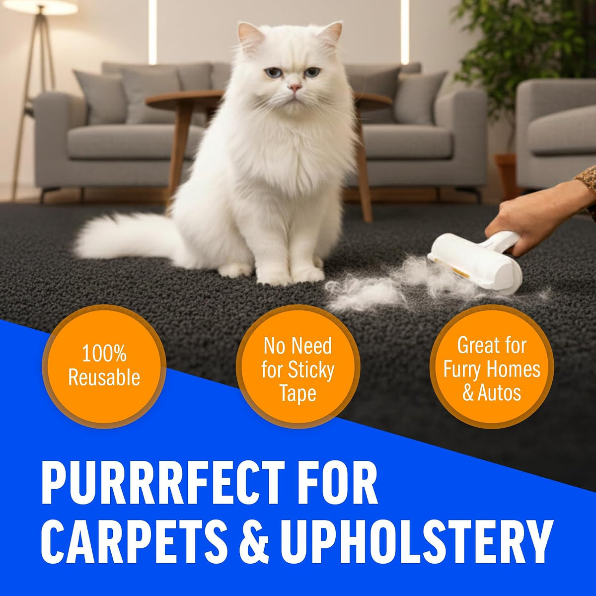 & Rake – Reusable Pet Hair Removal Roller with Rake Attachment for Cat & Dog Fur on Furniture, Couch, Carpet, Car