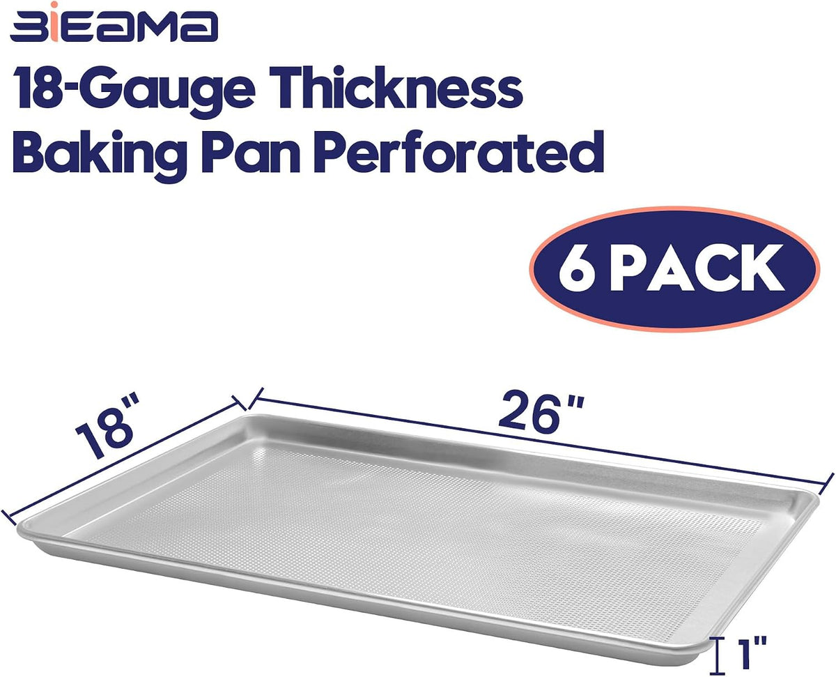6 Pack Full Size 18" x 26" Aluminum Baking Sheet Pan Perforated, Commercial Bakery Equipment Cookie Sheets, NSF