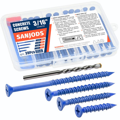 Concrete Screw Anchor - 3/16" Diameter, 4 Sizes (1-1/4", 1-3/4", 2-1/4", 3-1/4") Set - Blue Flat Head Screws Kit for