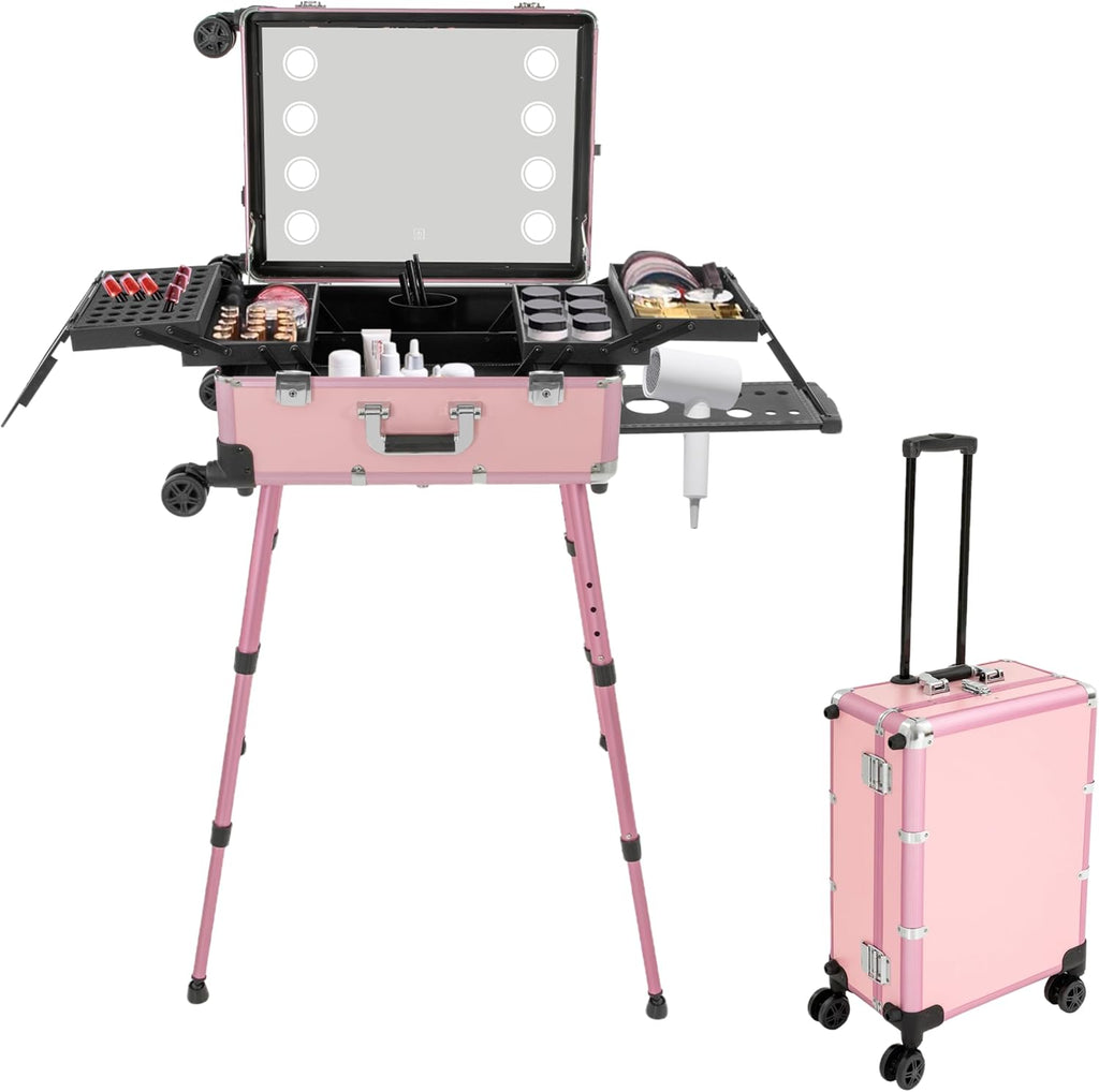 3 Tiers Rolling Makeup Train Case, Portable Makeup Vanity Station 12V Chargeable Cosmetic Trolley Lockable Storage