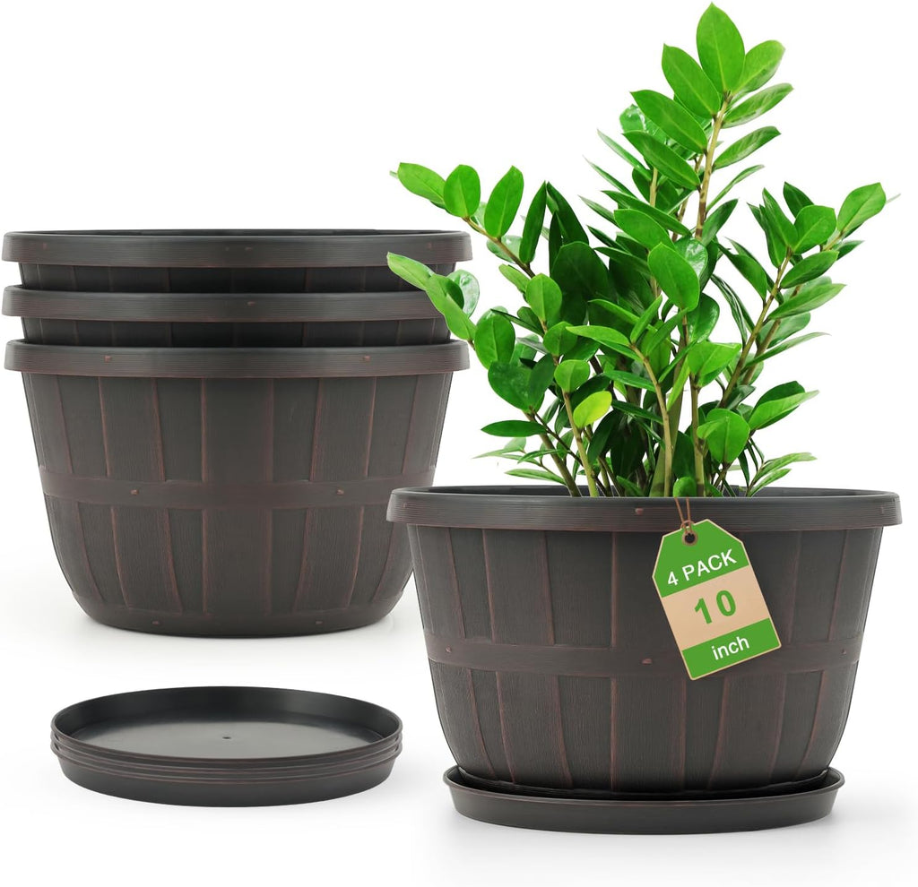 10 inch Plastic Flower Pots for Outdoor Plants，4 Pack Large Outdoor Planter Pot with Drainage Holes &