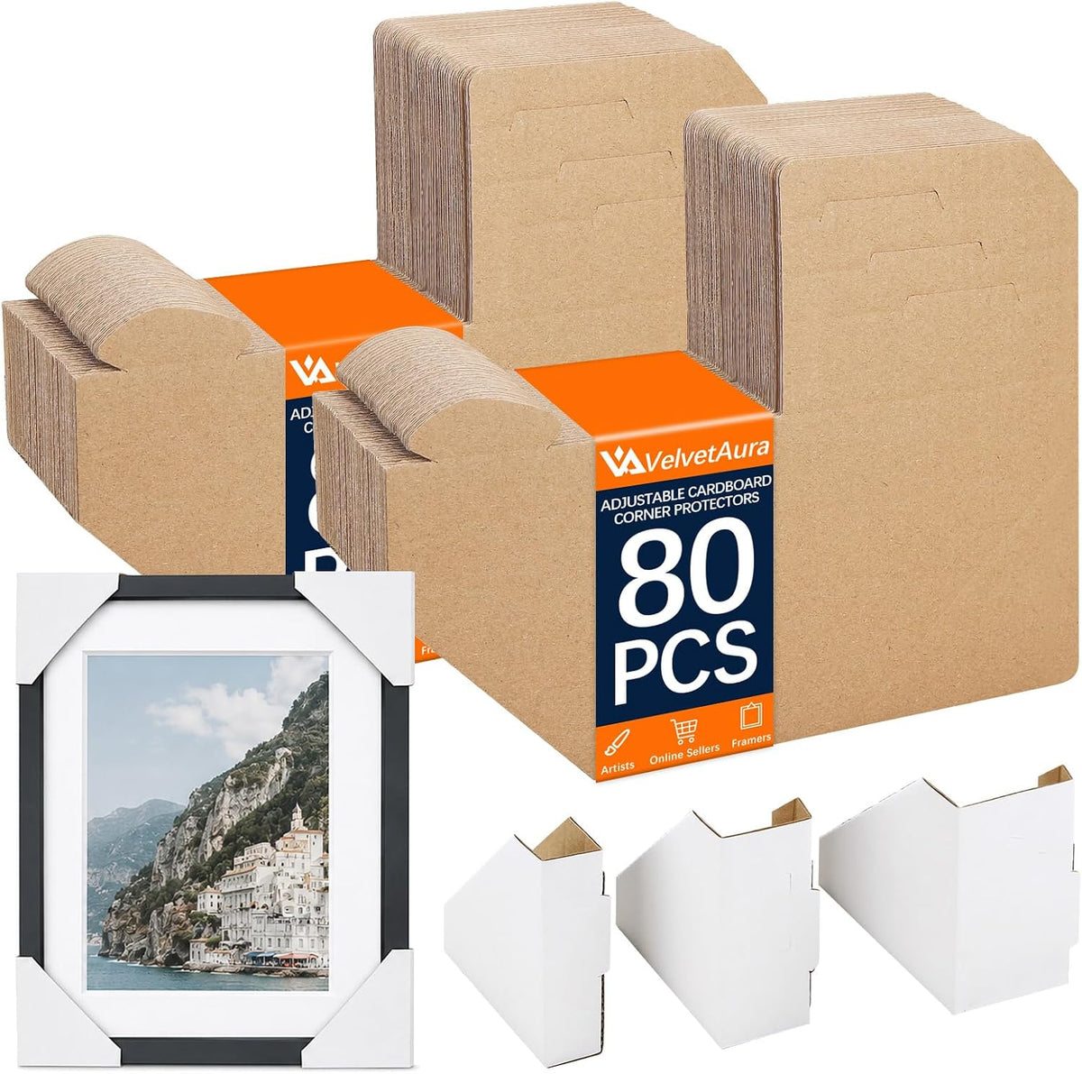 80 Pack Adjustable Cardboard Corner Protectors for Shipping, Fits 1", 1.5" & 2.1" Frames, Packaging Edge Protectors