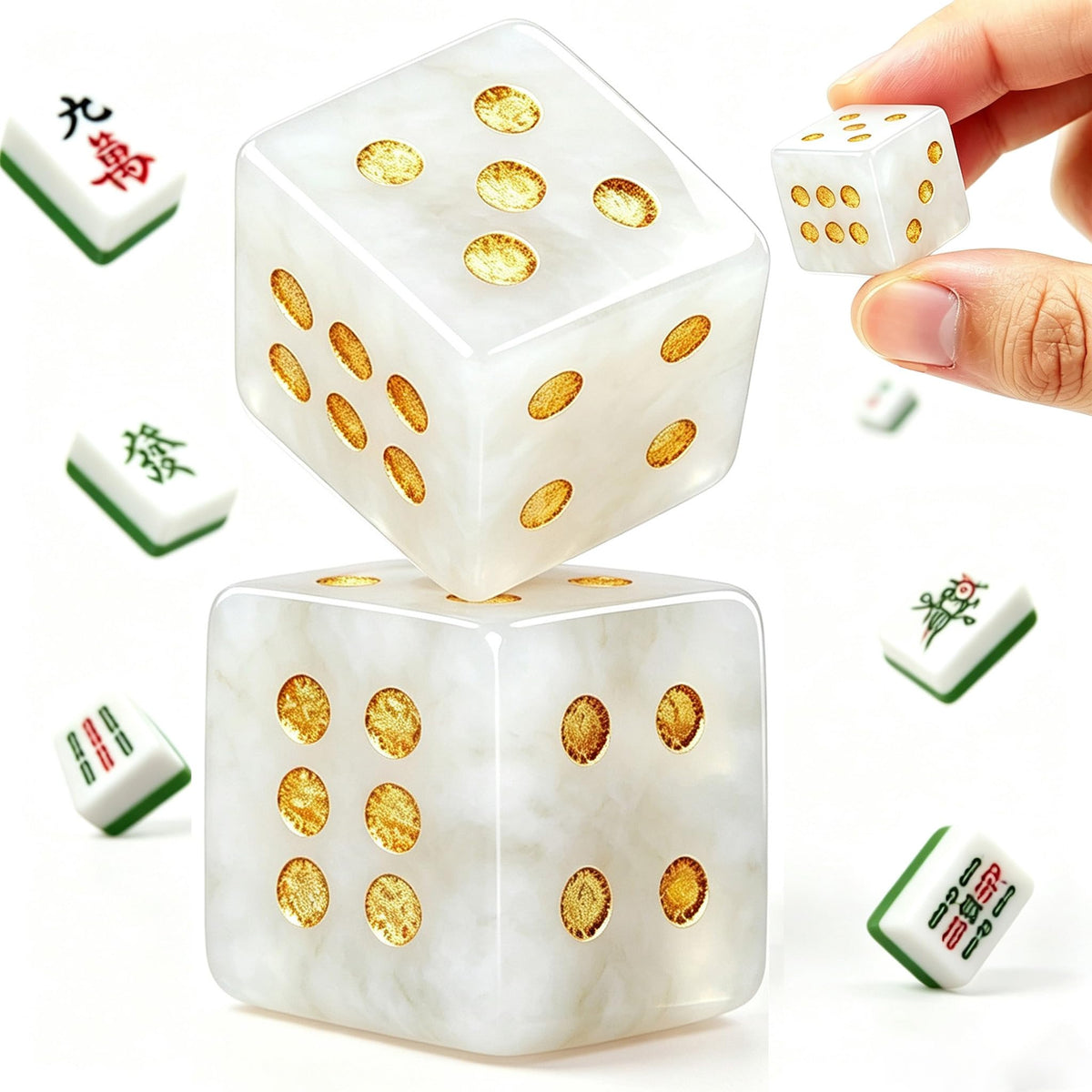 Crystal Dice, 16mm, White with Gold Pips, Natural Stone Game Dice, 2 Piece Set