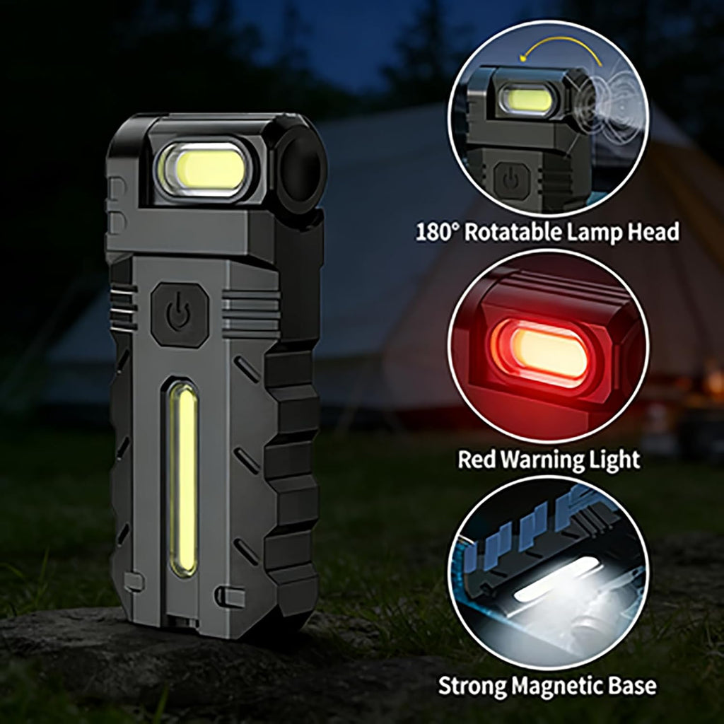 180° Rotating Head LED Work Light – Dual Beam, Magnetic Base, USB-C Rechargeable, Mini Keychain Clip Light for