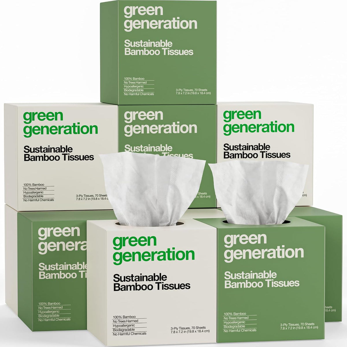 Bamboo Facial Tissues Cube Boxes - 3-Ply, 70 Sheets/Box, 12 Multicolor Face Tissue Boxes, 840 Unscented Organic Soft