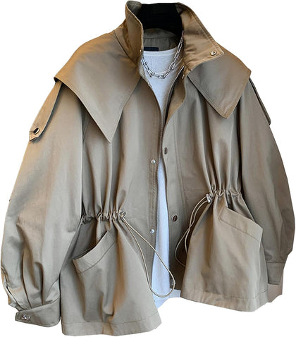 Womens Trench Coat Stand Collar Zip Up Hooded Jackets