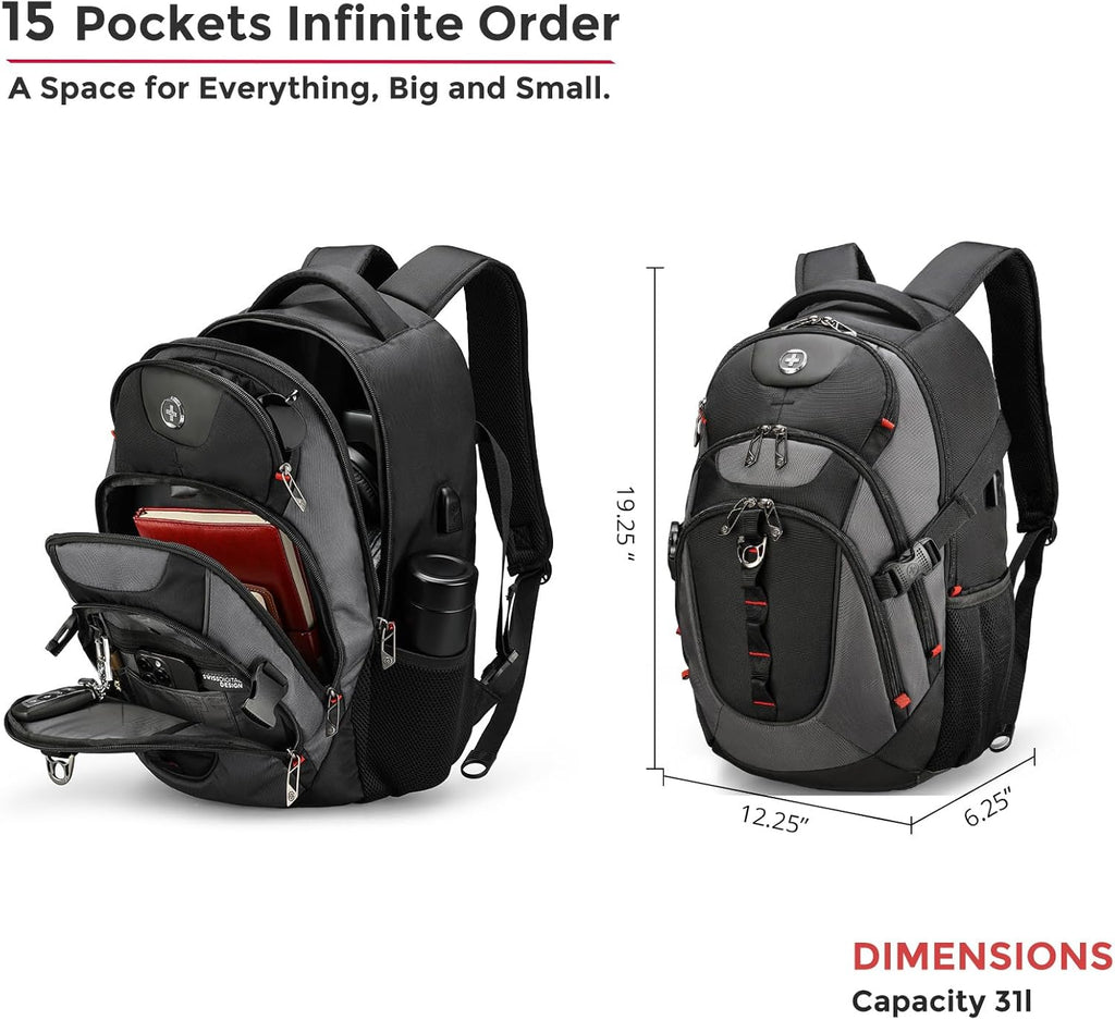 Design Laptop Backpack with USB Charging Port, Travel Backpack Fits 15.6 inches Computer, 31L College School Backpack