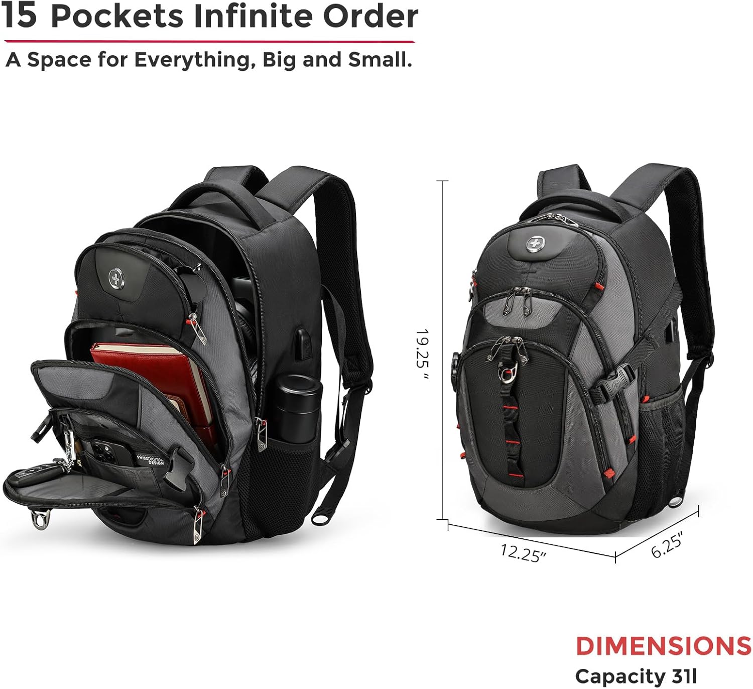 Design Laptop Backpack with USB Charging Port, Travel Backpack Fits 15.6 inches Computer, 31L College School Backpack
