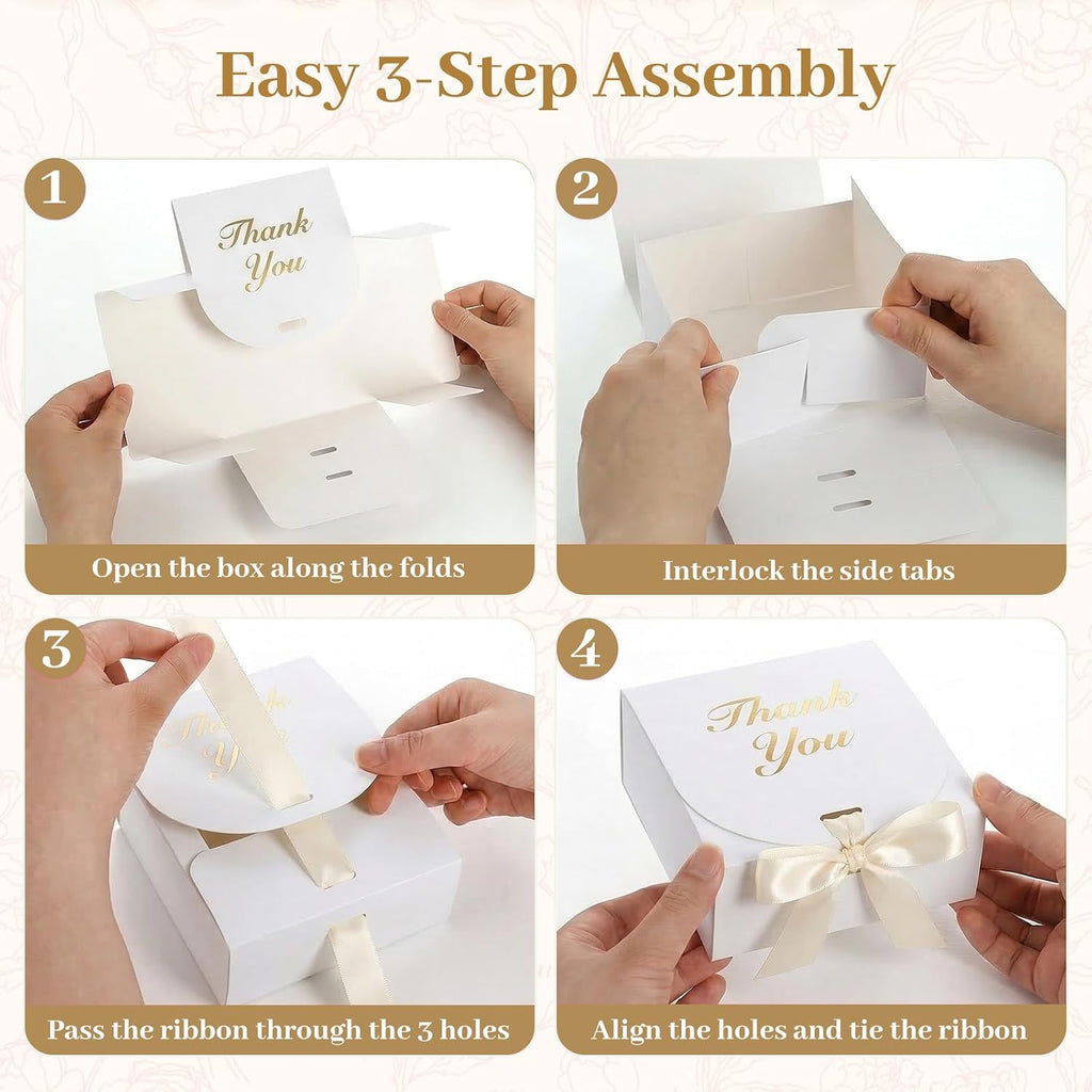20PCS Thank You Gift Boxes, 4.5x4.5x1.9 Inches Mini Party Favor Boxes White Treat Bags with Bow Ribbon for Wedding