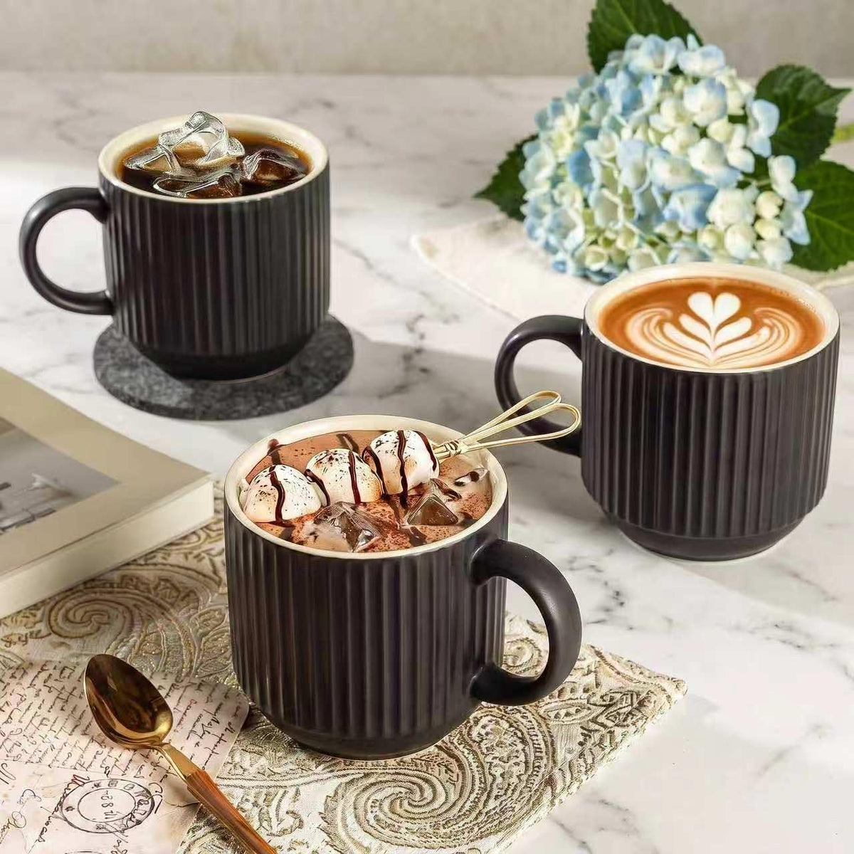 Coffee Mug Ceramic Set of 4 with Stand, Stackable Large Latte Cups with Metal Stand, Dishwasher & Microwave Safe
