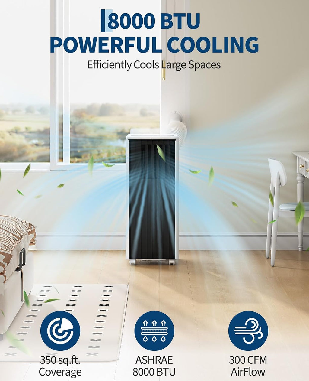 3-in-1 Portable Air Conditioner, 8000 BTU (5000 BTU SACC) AC Unit | with Energy Saving, Window Kit & Remote, 24H