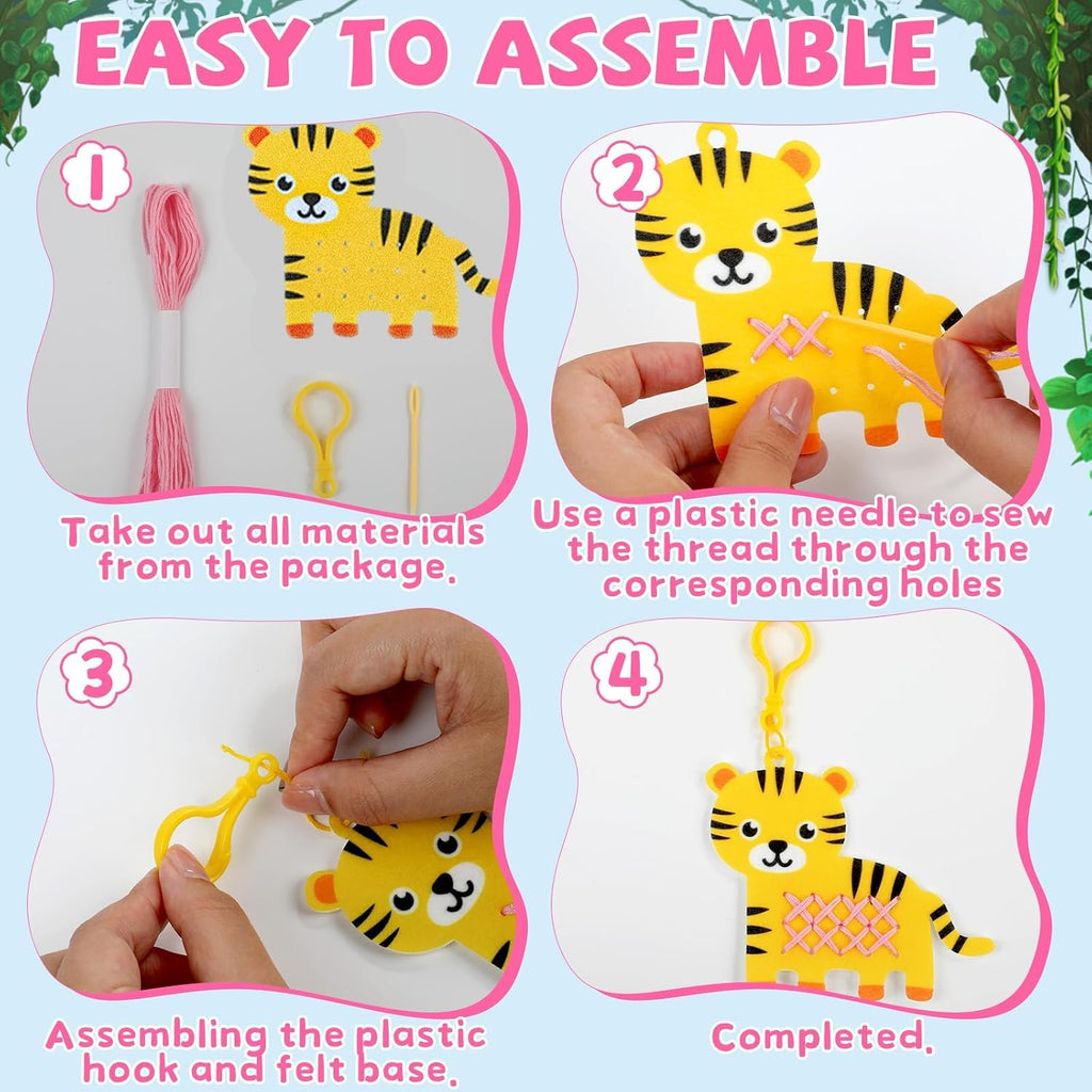 Cross Embroidery Kit for Kids Beginner 12 Jungle Animals Felt Keyrings Needlepoint Embroidery Starter Set with Jumbo