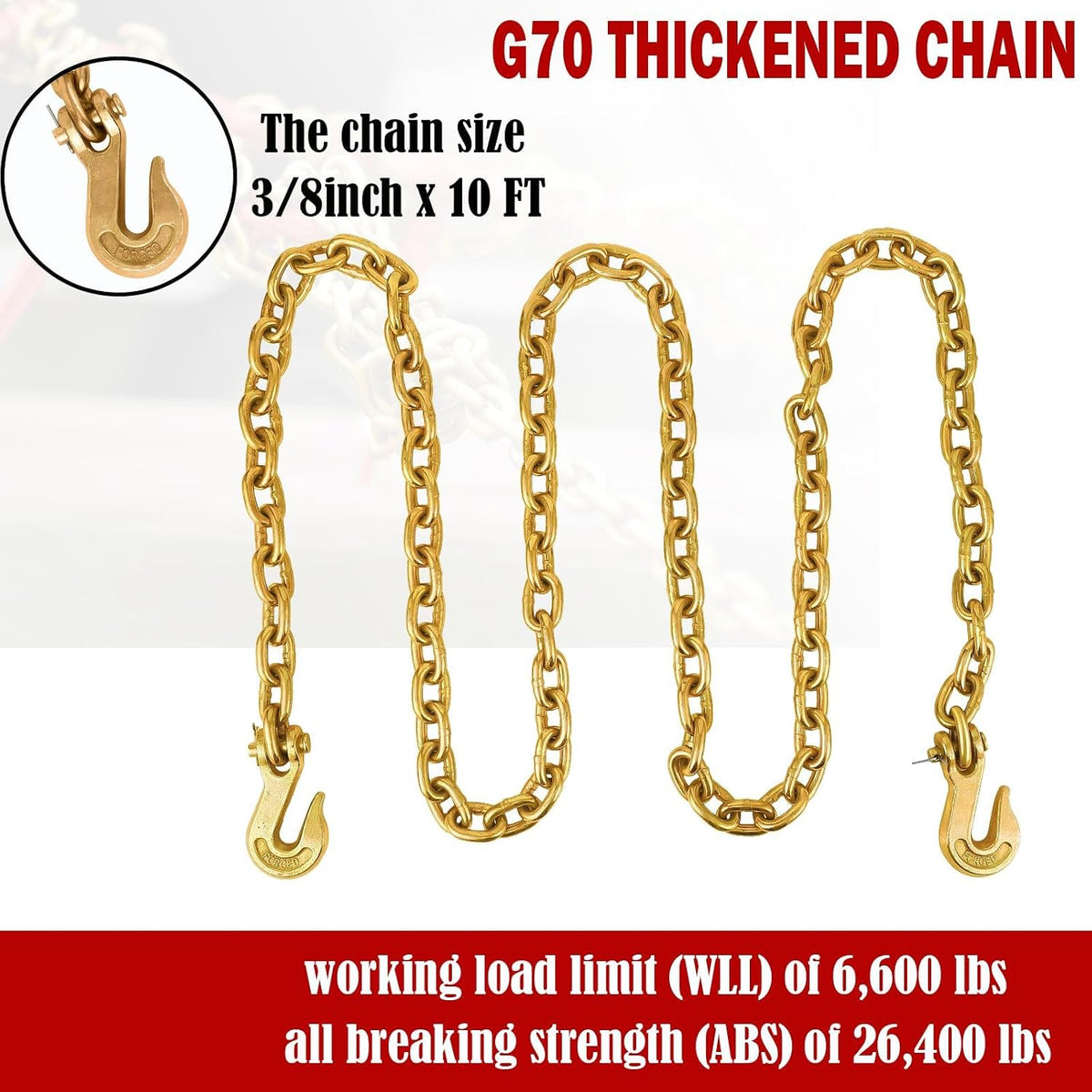 Ratchet Chain Binder Kit, Load Binder w/ 10 ft Chain/Grab Hooks
