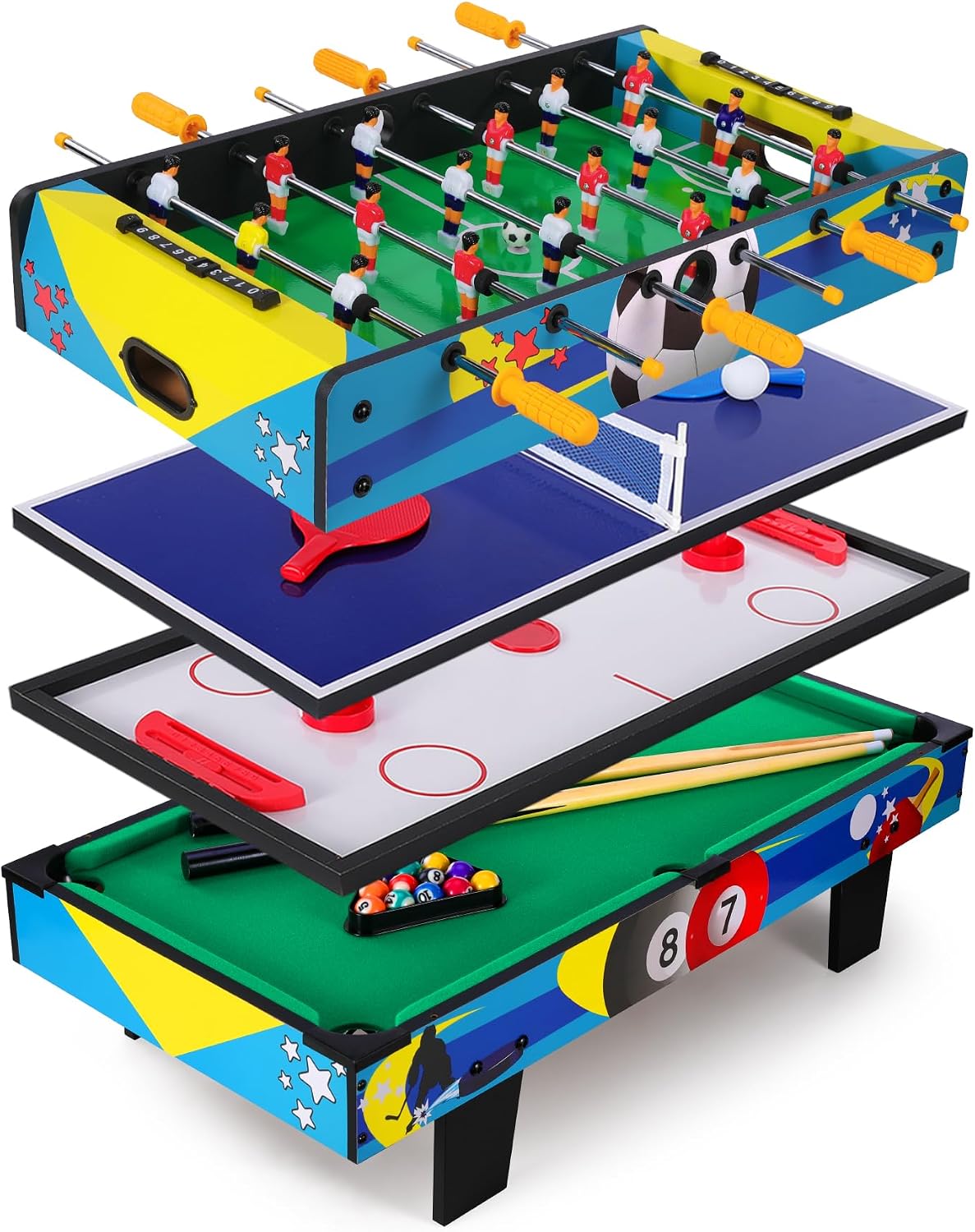 4-in-1 Multi Game Table with Air Hockey, Foosball, Pool and Ping Pong | Combo Game Table with Stackable Design for
