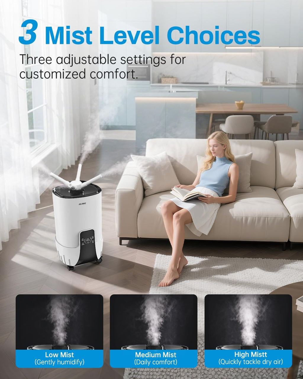 Humidifier large room 16L Whole house Humidifier 2000 sq.ft | 3 Atomizers, Humidity Control, 50 Hours, Ultrasonic