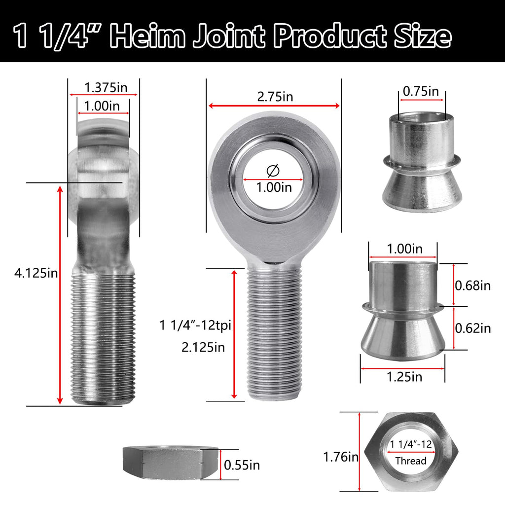 Beigaoxu 1 1/4" Heim Joint Rod End Kit, Chromoly with Spacers, 2 Pair