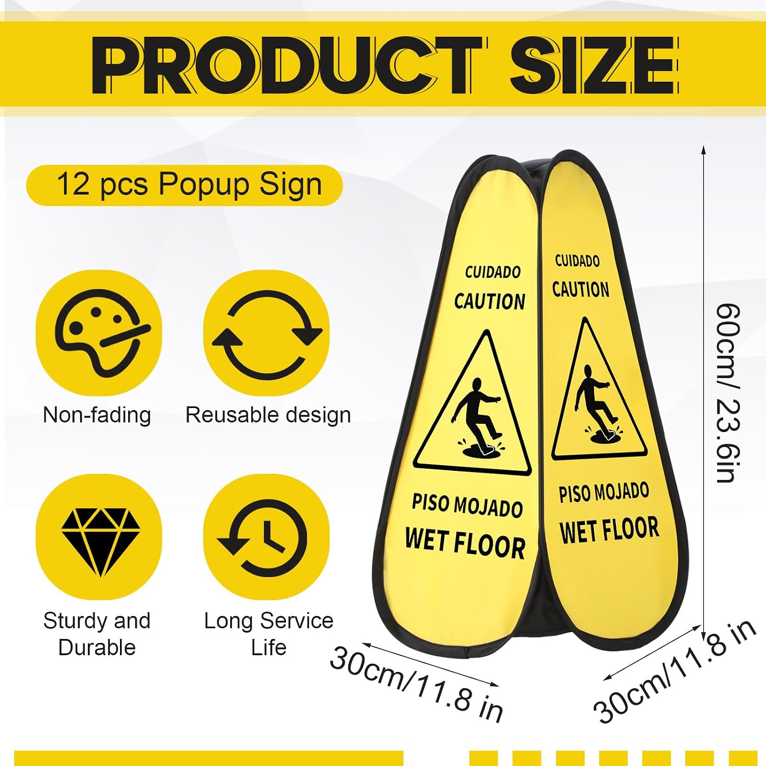 12 Pcs 24 Inches Pop up Wet Floor Sign Yellow 4-sided Foldable Bilingual Caution Wet Floor Sign Safety Warnings