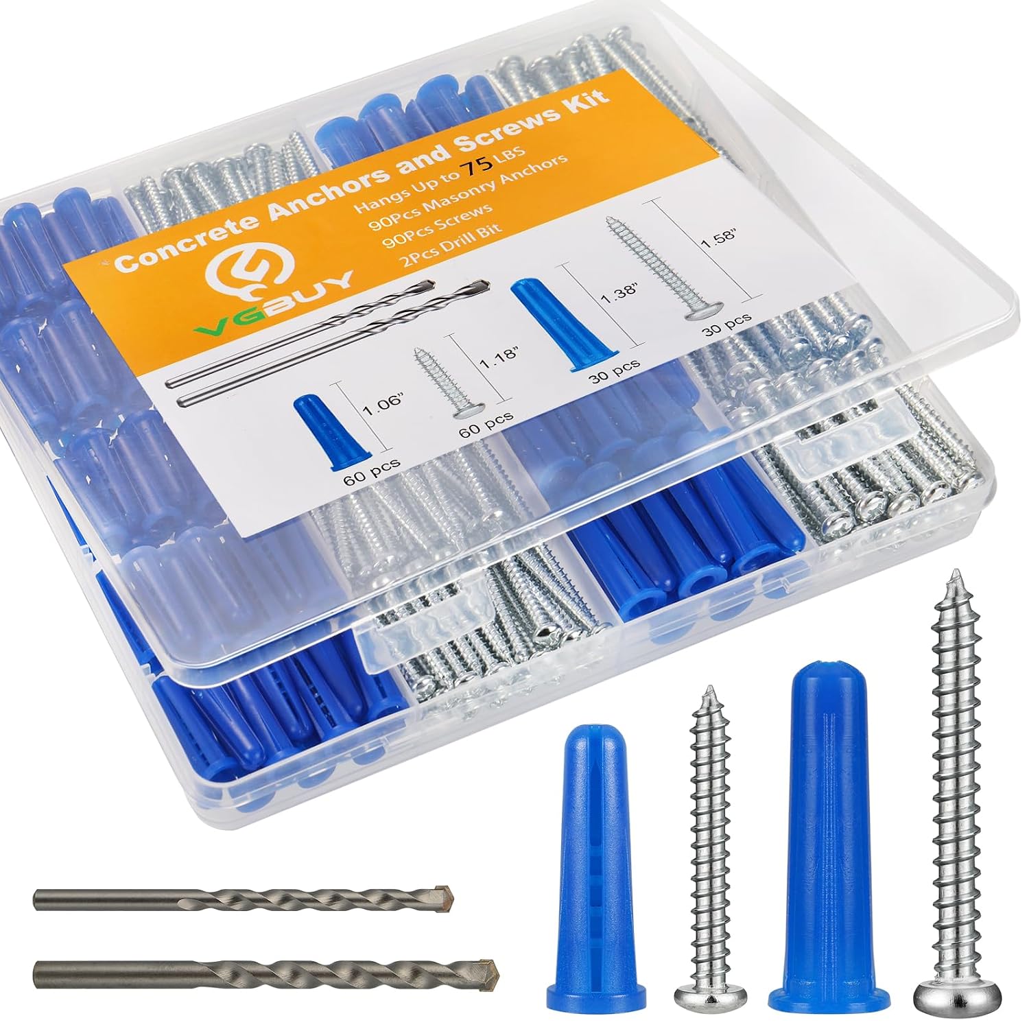 180PCS Conical Concrete Anchors and Screws Assortment Kit, 90PCS Concrete Wall Anchors, 90PCS Self Tapping Screws for