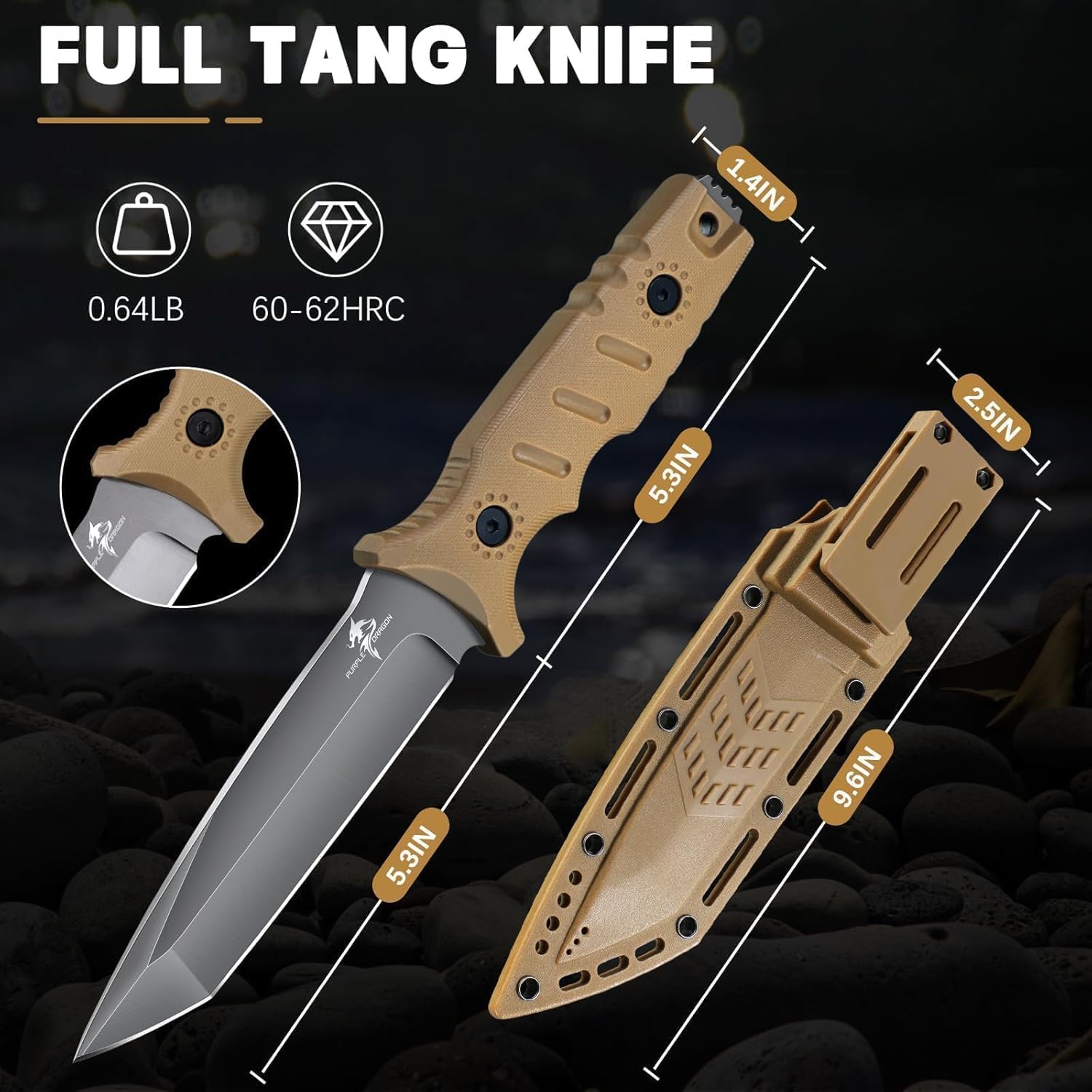 Full Tang Fixed Blade Tactical Knife with Sheath | High Carbon Steel Camping Knife with Ergonomic Khaki Handle, Built